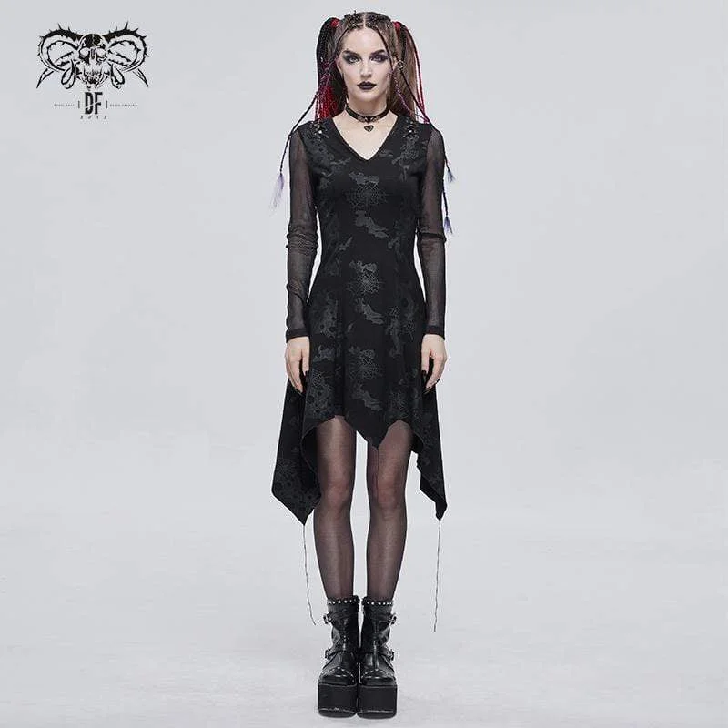 Women's Gothic Plunging Cobweb Printed Irregular Dress